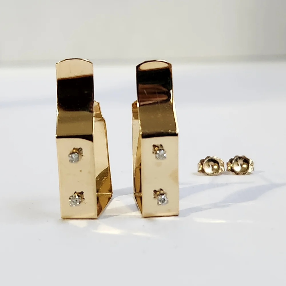 Very VTG Italian 80s 14K Gold Modernist Geometric Hoop & Diamond Earrings 3.30g - Picture 9 of 16